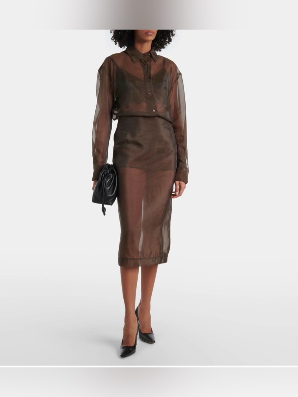 The Frankie Shop Brown Peri sheer silk buttondown shirt . Size XS